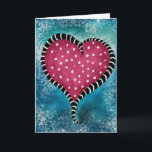 Heart Card Pink Blue Black Cute<br><div class="desc">A chunky whimsical pink heart with snakey black striped trim on a dappled blue and turquoise background with white highlights.</div>