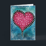 Heart Card Pink Blue Black Cute<br><div class="desc">A chunky whimsical pink heart with snakey black striped trim on a dappled blue and turquoise background with white highlights.</div>