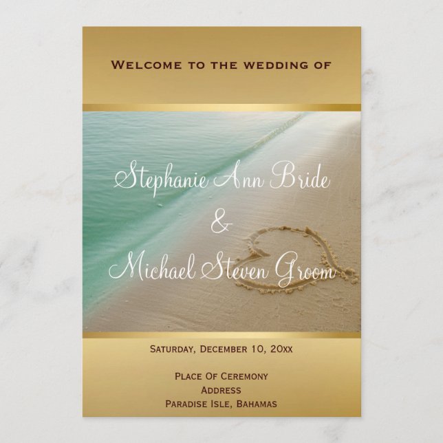 Heart Carved In The Sand Wedding Program Card (Front)