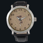 Heart Carved Initials Wood Tree Rings Personalised Watch<br><div class="desc">This beautiful, romantic rustic nature wristwatch design is perfect for a wedding, anniversary or Valentine's Day. It has a wood texture look, like the top view of a tree stump complete with rings and a bark border. A heart with arrow has been carved into it. Use the template field to...</div>