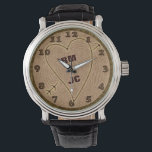 Heart Carved Initials Wood Tree Rings Personalised Watch<br><div class="desc">This beautiful, romantic rustic nature wristwatch design is perfect for a wedding, anniversary or Valentine's Day. It has a wood texture look, like the top view of a tree stump complete with rings and a bark border. A heart with arrow has been carved into it. Use the template field to...</div>