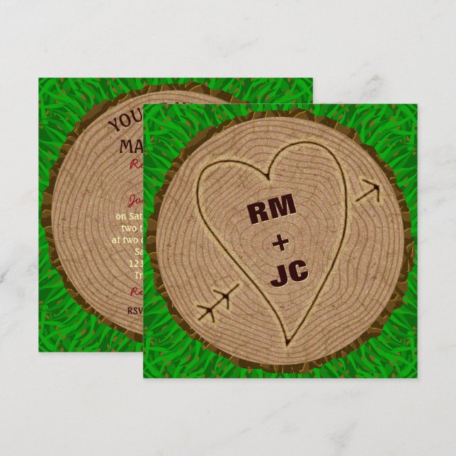 Heart Carved Initials Wood Tree Rings Wedding Invitation (Front/Back)