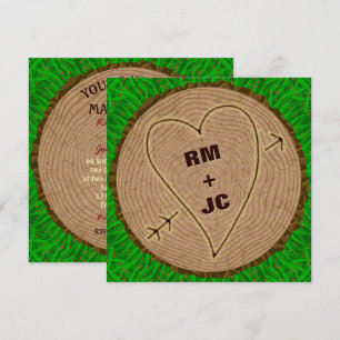 Heart Carved Initials Wood Tree Rings Wedding Invitation