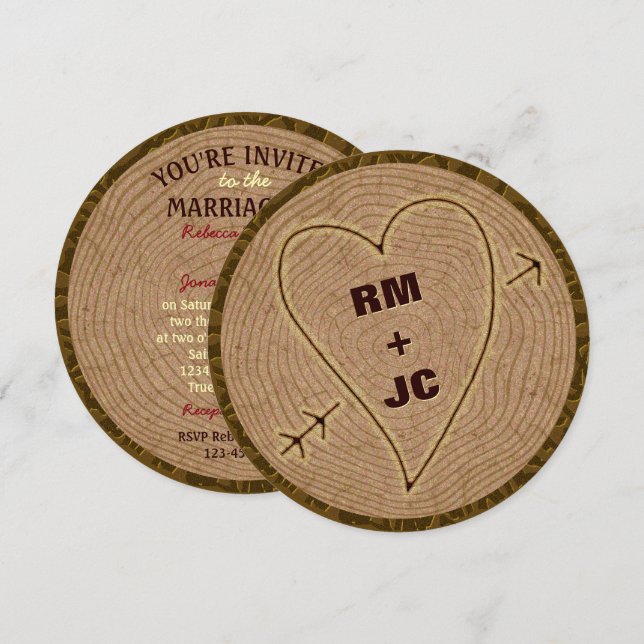 Heart Carved Initials Wood Tree Rustic Wedding Invitation (Front/Back)