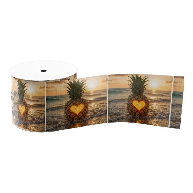 Heart Carved Into a Pineapple On a Beach Grosgrain Ribbon (Spool)