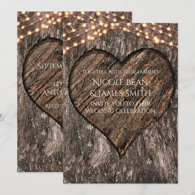Heart Carved Tree Trunk Rustic Wedding Invitations (Front/Back)