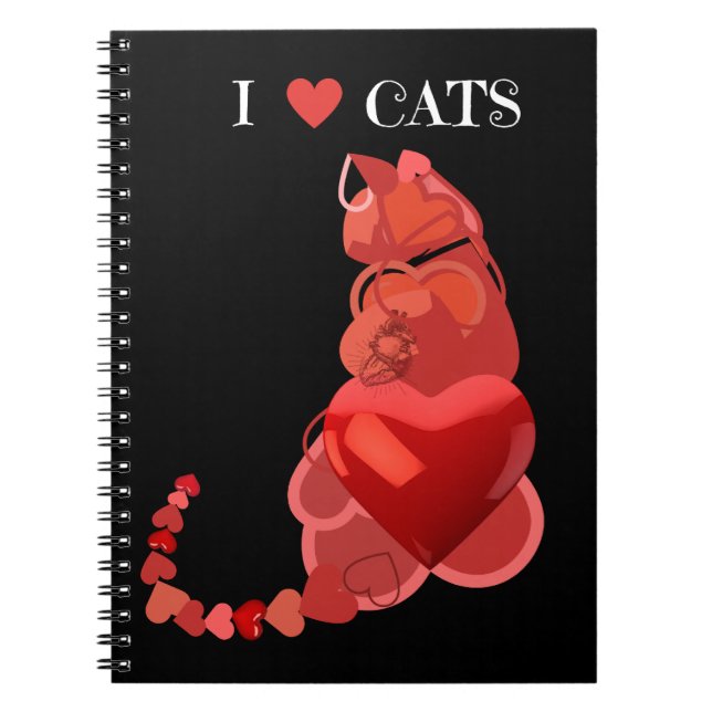 Heart Cats Spiral Notebook, School Notebook, Black Notebook (Front)