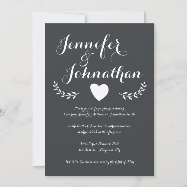 Heart chalkboard rehearsal dinner invitations (Front)