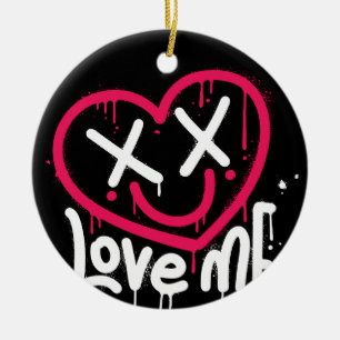 heart character with dead eyes and smile sprayed ceramic tree decoration