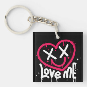 heart character with dead eyes and smile sprayed key ring