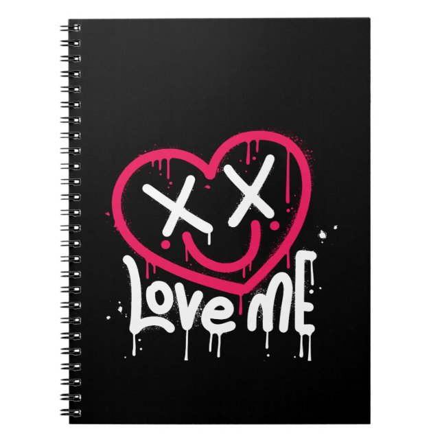 heart character with dead eyes and smile sprayed notebook (Front)