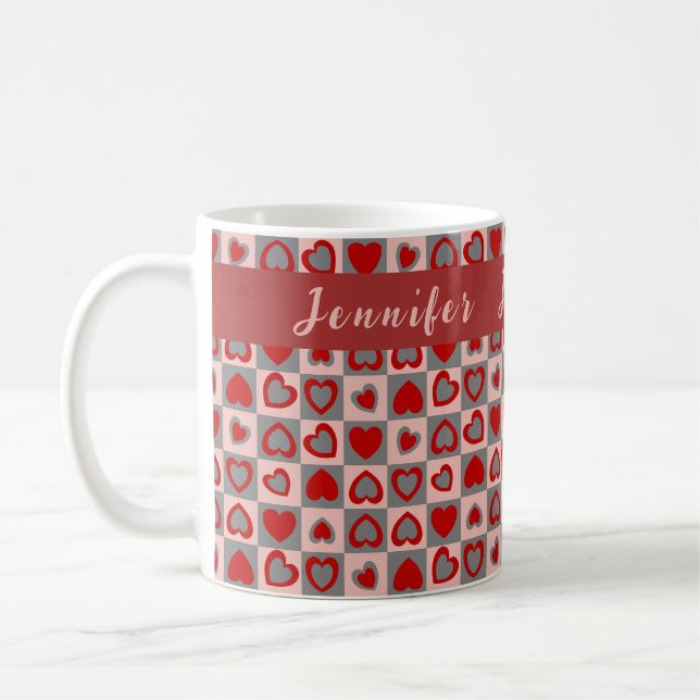 Heart Chequered Pattern Custom Coffee Mug (Left)