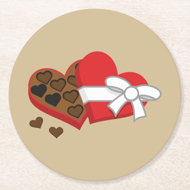 Heart Chocolate Gift Box - Valentine's Day Round Paper Coaster (Front)