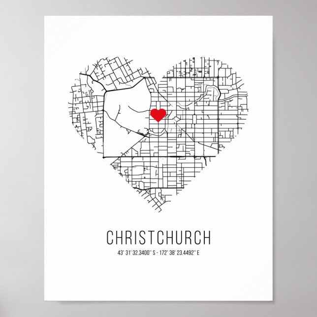 Heart Christchurch City Map (New Zealand) Poster (Front)