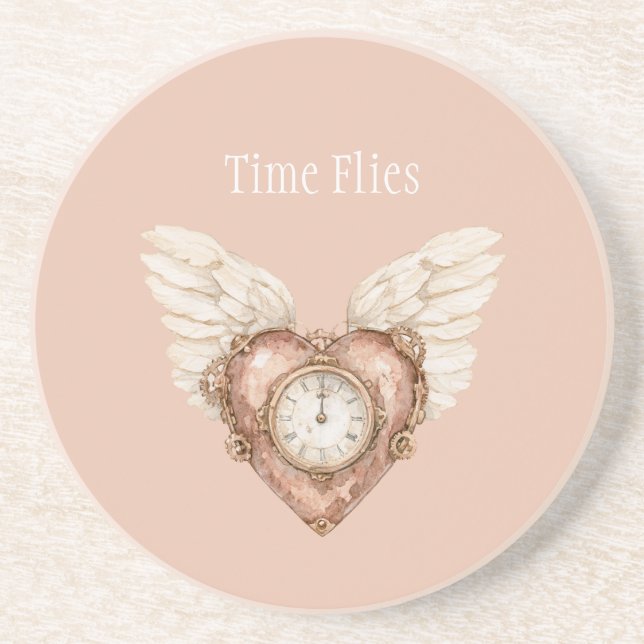Heart Clock White Wings Time Flies Coaster (Front)