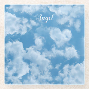 Heart Cloud Sky Cute Fun Modern Blue Custom Name Glass Coaster