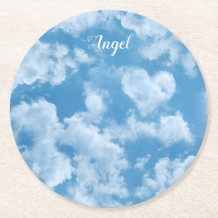 Heart Cloud Sky Cute Fun Modern Blue Custom Name Round Paper Coaster