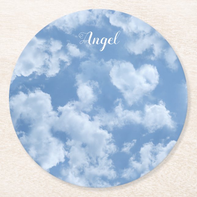   Heart Cloud Sky Cute Fun Modern Blue Custom Name Round Paper Coaster (Front)