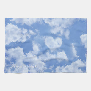 Heart Cloud Sky Cute Fun Modern Blue Custom Name Tea Towel