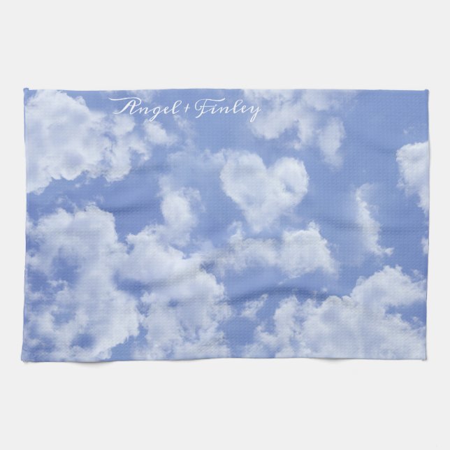   Heart Cloud Sky Cute Fun Modern Blue Custom Name Tea Towel (Horizontal)