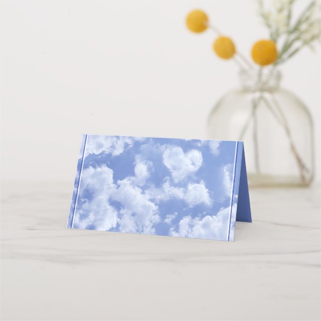Heart Cloud Sky Cute Modern Blue Custom Wedding Place Card (Front)