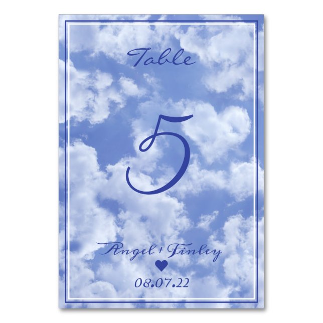 Heart Cloud Sky Cute Modern Blue Custom Wedding Table Number (Front)
