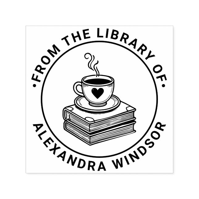 Heart Coffee Cup on Book Stack Library Book Name Self-inking Stamp (Design)