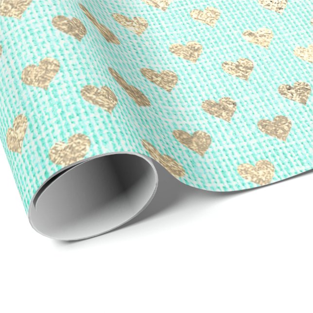 Heart Confetti Metallic Tiffany Aqua Gold Linen Wrapping Paper (Roll Corner)