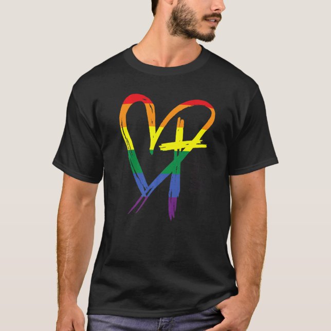 Heart Cross Lgbt Gay Pride Rainbow Faith Christian T-Shirt (Front)
