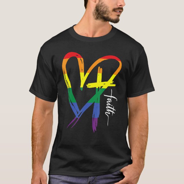 Heart Cross Lgbt Gay Pride Rainbow Flag Christian T-Shirt (Front)