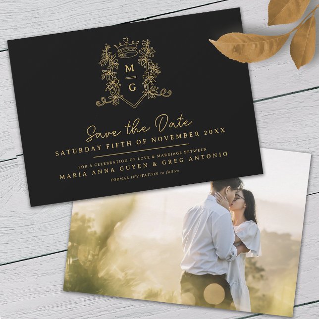 Heart crown crest black gold photo wedding save the date (Creator Uploaded)