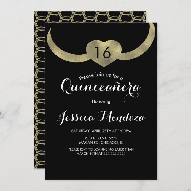Heart Crown Quinceañera Sweet 16 Gold Foil  Invitation (Front/Back)