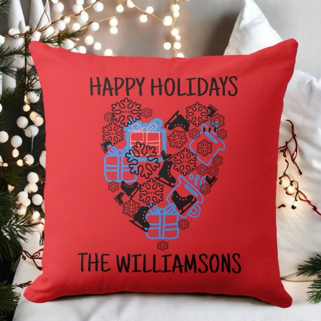 Heart cute Christmas doodle red black monogram  Cushion (Creator Uploaded)