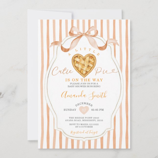 Heart Cutie Pie Stripes Bow Baby Shower Invitation (Front)