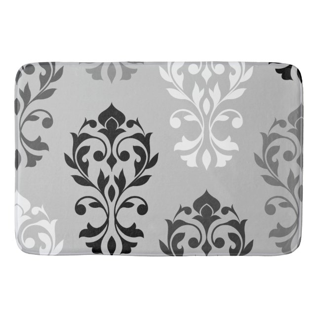Heart Damask Art I Black Greys White Bath Mat (Front)