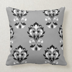 Heart Damask Big Ptn Black & White on Grey Cushion