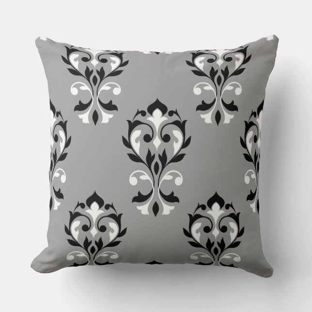 Heart Damask Big Ptn Black & White on Grey Cushion (Front)