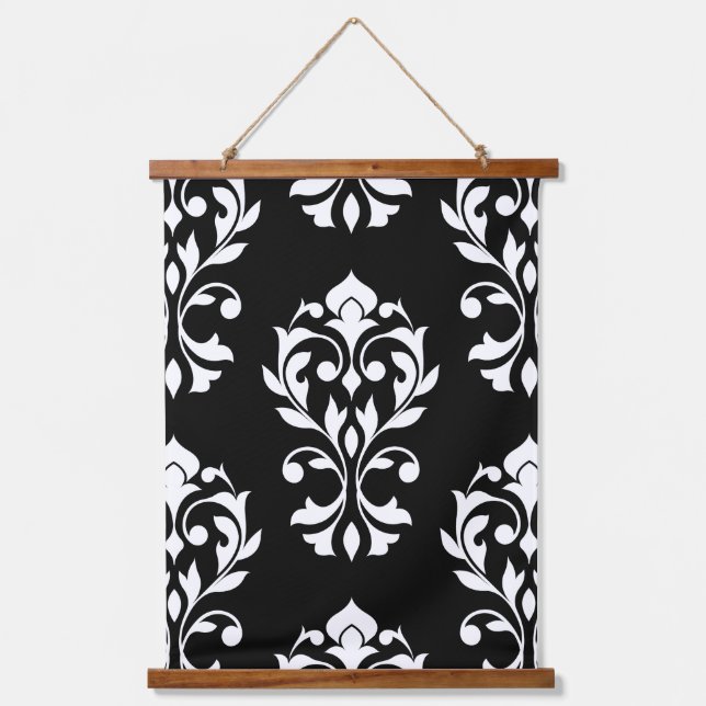 Heart Damask Lg Ptn II White on Black Hanging Tapestry (Front)