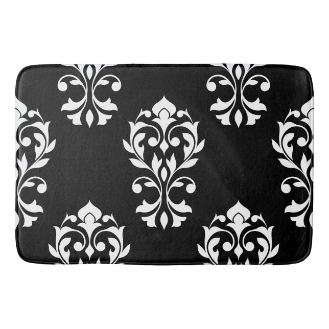 Heart Damask Lg Ptn White on Black Bath Mat (Front)