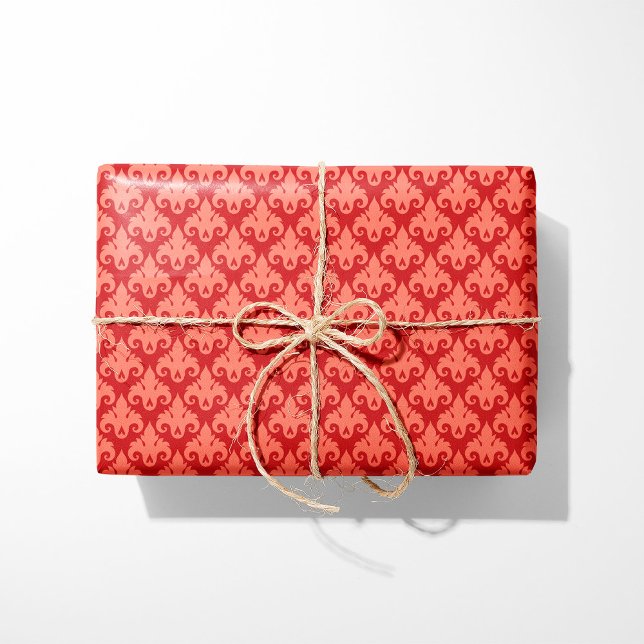 Heart Damask Red & Coral Wrapping Paper (Creator Uploaded)