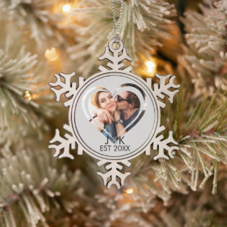 Heart Dating Couple Girlfriend Boyfriend Photo Snowflake Pewter Christmas Ornament