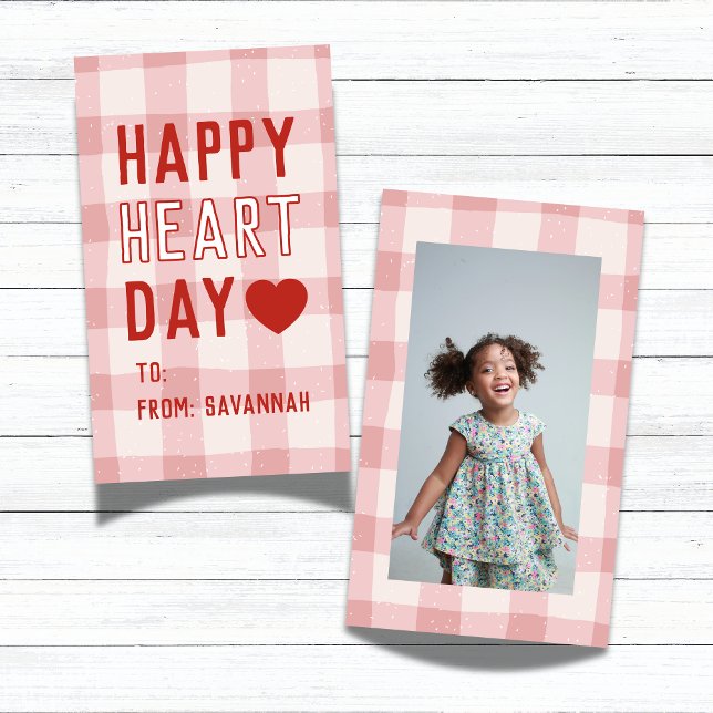 Heart Day Pink Gingham Valentines Classroom Card (Share this Happy Heart Day Pink Gingham Valentine's Classroom Note Card!)