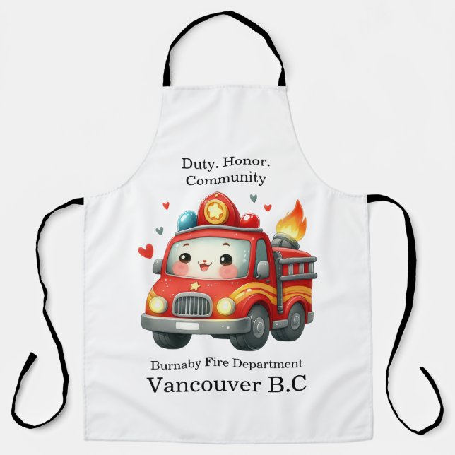 Heart-decorated cartoon firetruck apron (Front)