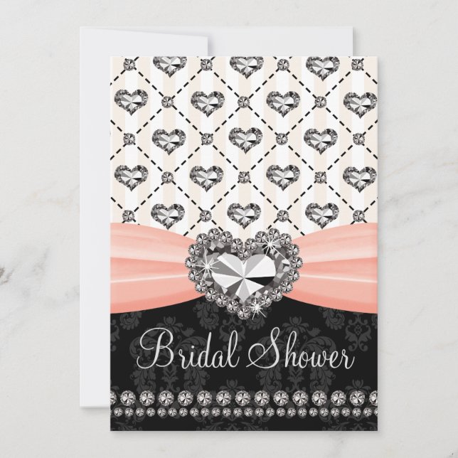 Heart Diamond Bridal Shower Invitations Pink Black (Front)