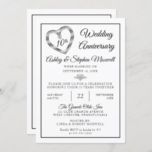 Heart Diamonds 10th Wedding Anniversary Party Invitation