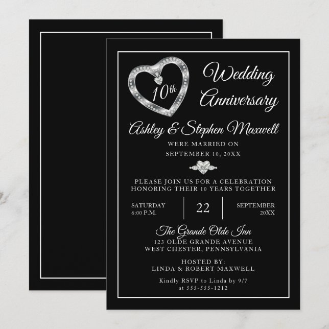 Heart Diamonds 10th Wedding Anniversary Party Invitation (Front/Back)