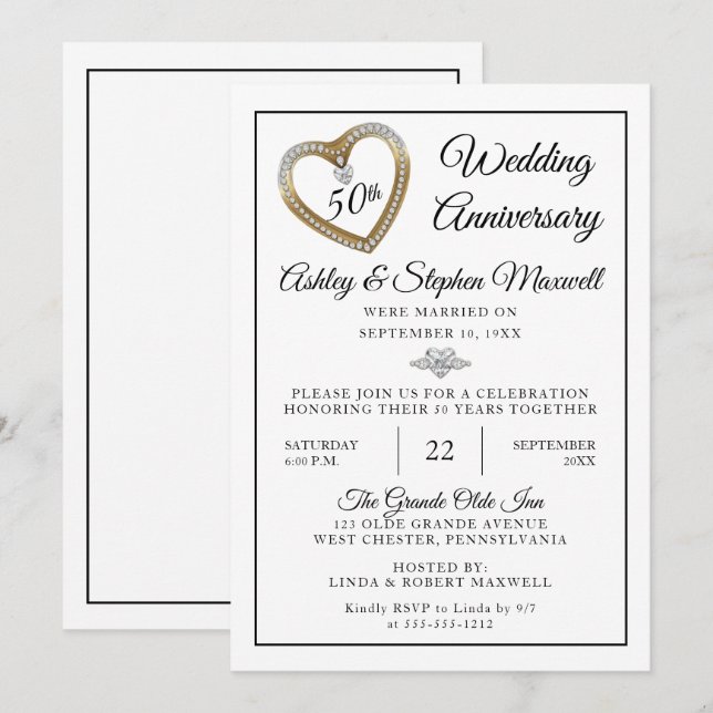 Heart Diamonds 50th Wedding Anniversary Party Invitation (Front/Back)