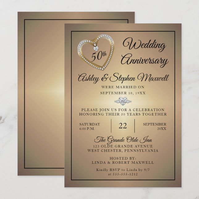 Heart Diamonds 50th Wedding Anniversary Party Invitation (Front/Back)