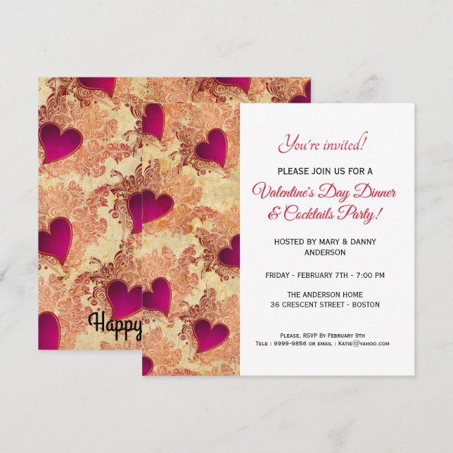 Heart Dinner & Cocktails Valentine's Day Invite (Front/Back)