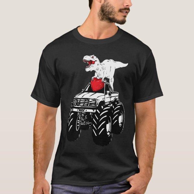 Heart Dino Valentine's Day Monster Truck Date Sing T-Shirt (Front)